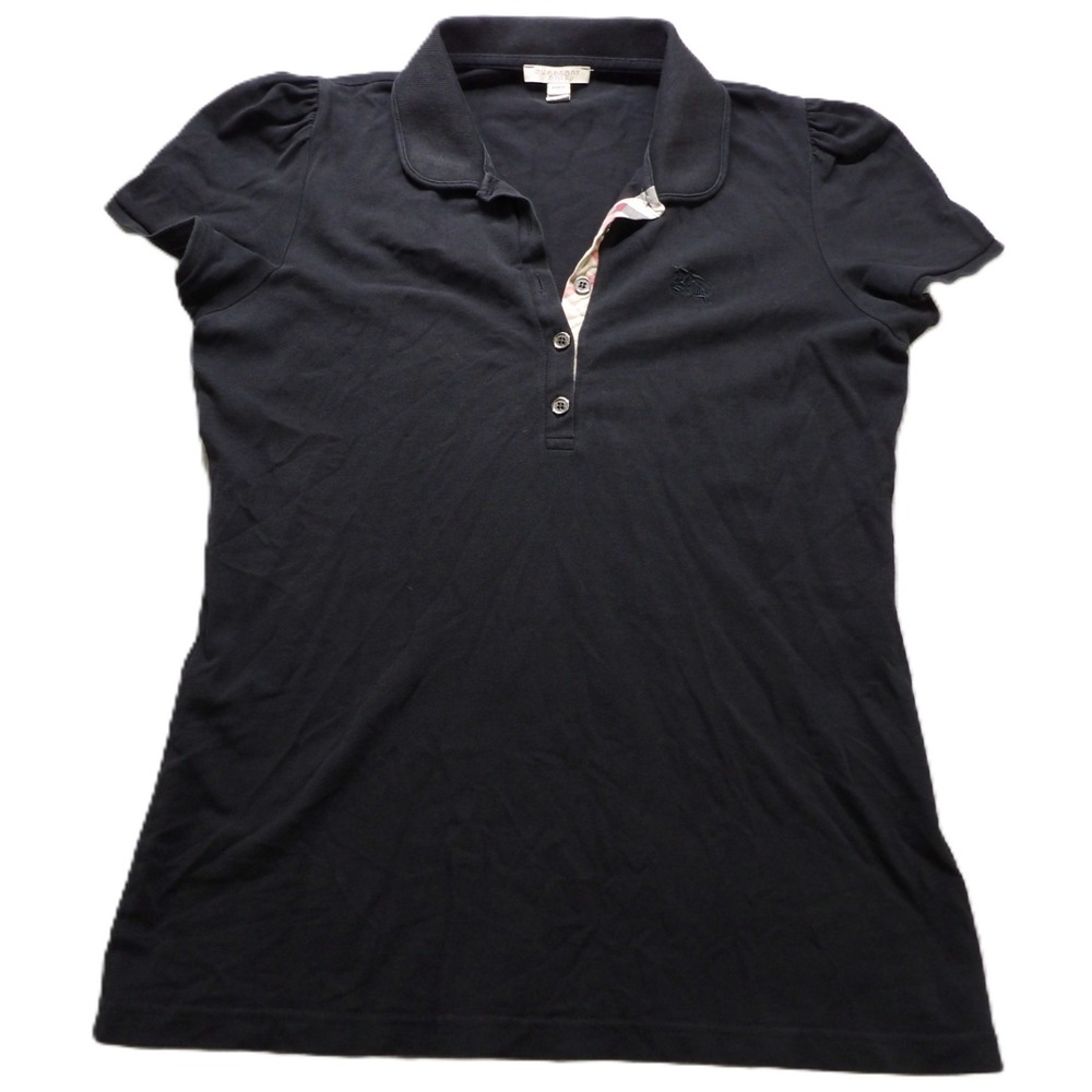 Burberry Brit Women Black SS Novacheck Puffed Polo Shirt Cotton Large Casual Top